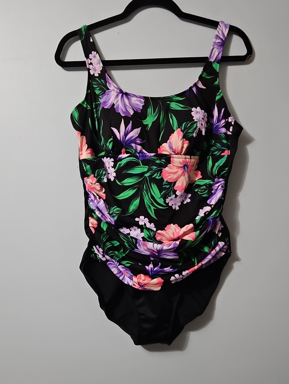 Croft & Barrow Black Floral One-Piece Swimsuit w Pink and Purple Flowers Size 16